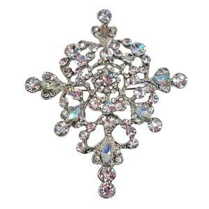 Crystal Rhinestone Snowflake Brooch Pin Large 3.5" READ Description Silver Tone